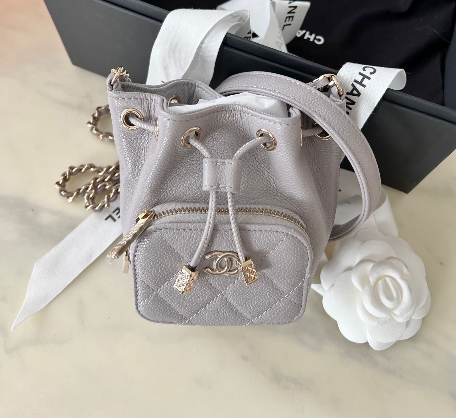 Chanel Bucket Bag Grey Caviar Light Gold Hardware