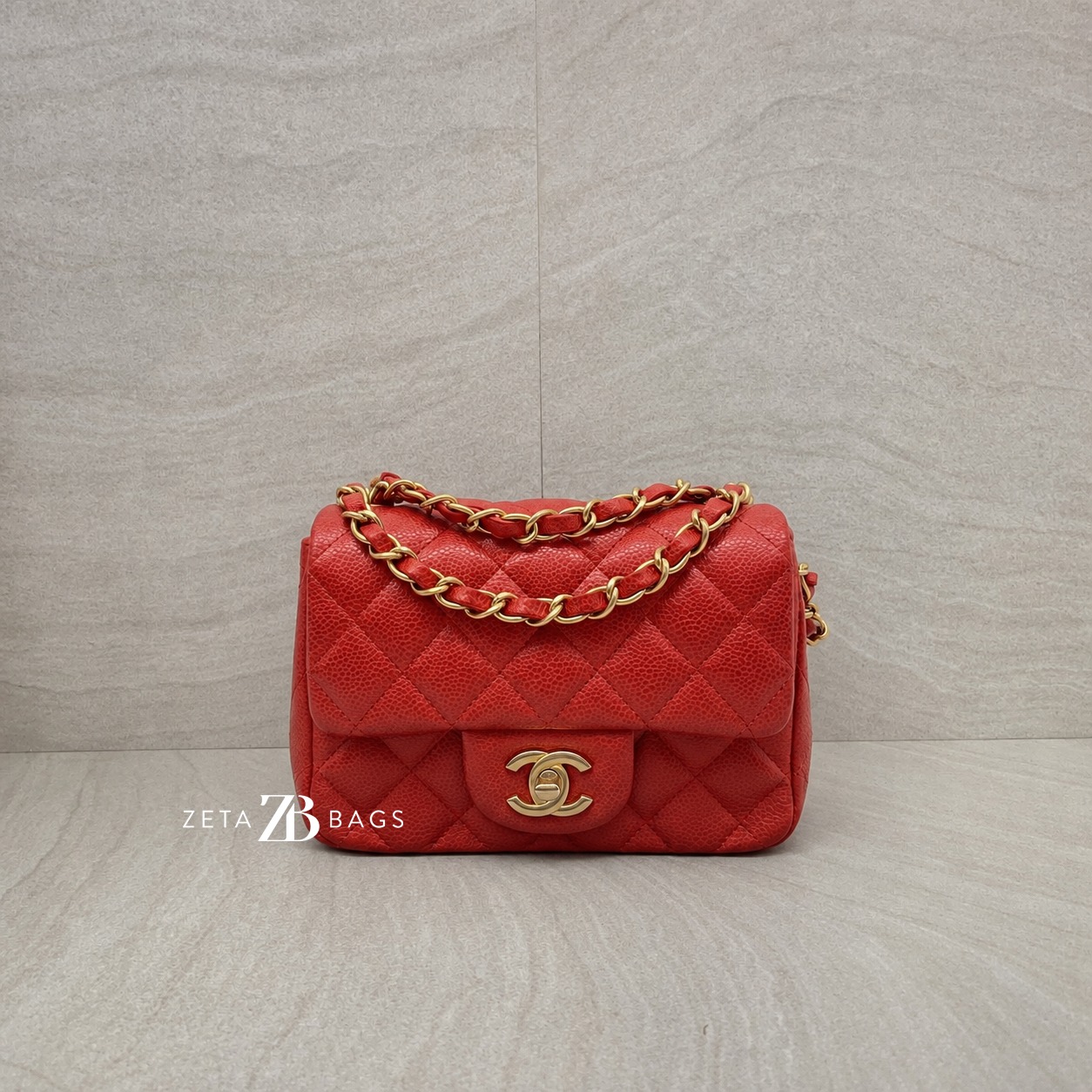 Chanel Mini Square Flap Bag Caviar Coral Red GHW