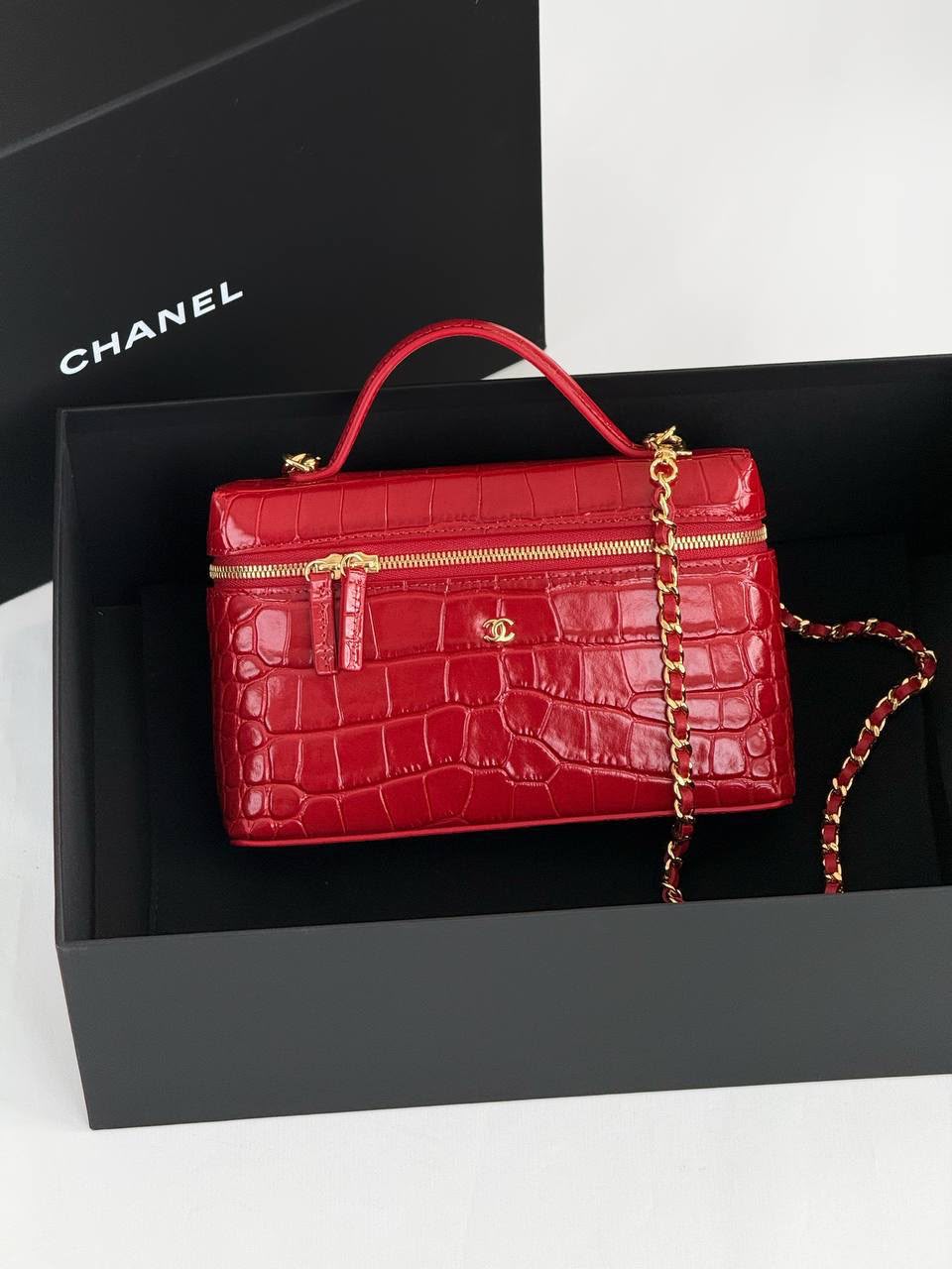 Chanel Vanity Slim Top Handle Croco Embossed Red
