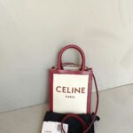 Celine Mini Vertical Cabas Bag With Longstrap in Natural – Burgundy Carmin