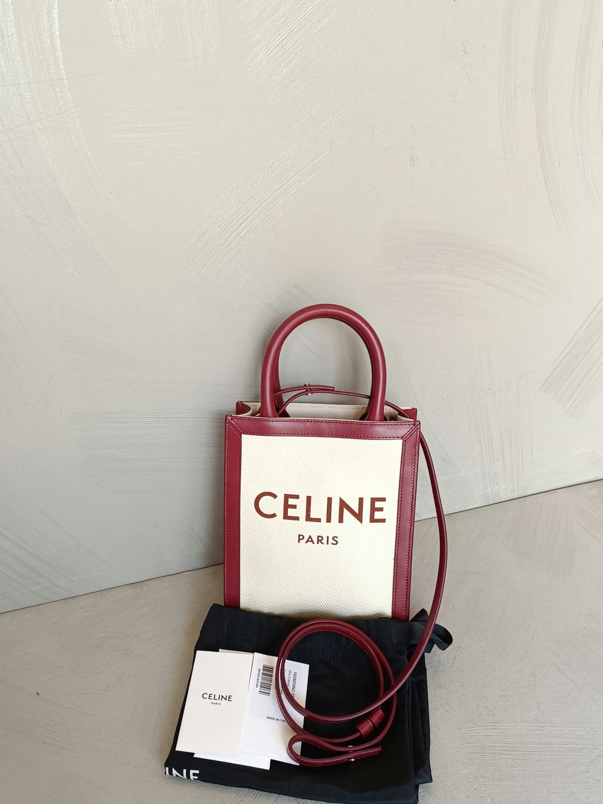 Celine Mini Vertical Cabas Bag With Longstrap in Natural – Burgundy Carmin