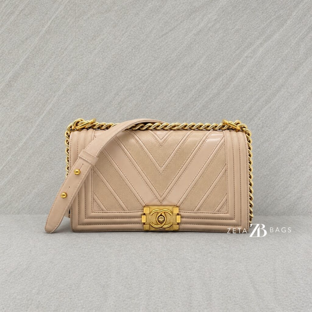Chanel Boy Medium Chevron Beige GHW